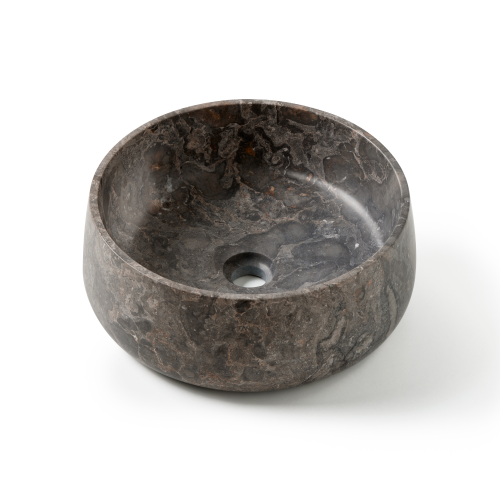 Natuurstenen waskom 40x40x15cm in grijze kleur met glanzende binnenzijde vooraanzicht met witte achtergrond