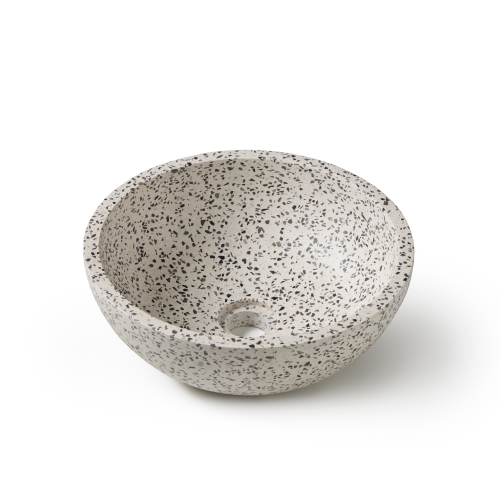 Ronde grijze terrazzo waskom 35x35x12cm vooraanzicht op witte achtergrond