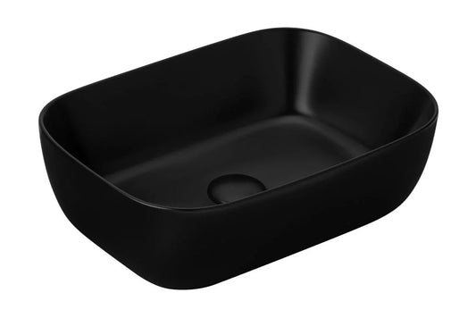 Keramische zwarte waskom vooraanzicht rechthoekig 33x45x14cm witte achtergrond