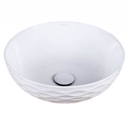 Witte keramische waskom rond 42x42x14 cm met glanzende afwerking en subtiel reliëf, opbouwmodel voor badkamermeubel