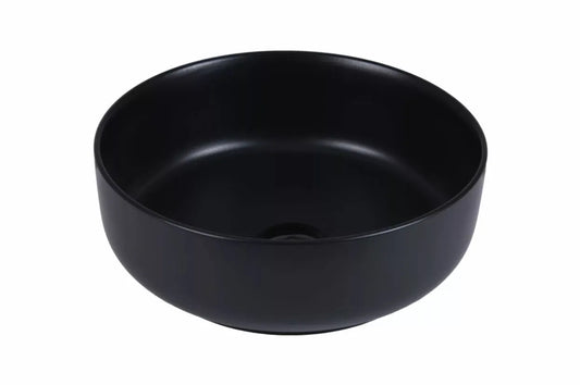 Ronde zwarte keramische opbouwwaskom 38,5x38,5x14cm in packshotweergave met gladde matte afwerking en centraal afvoergat voor moderne badkamers