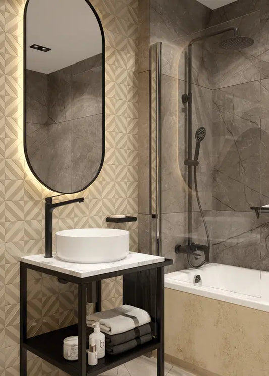 Zwarte mengkraan in badkamer geschikt voor waskom