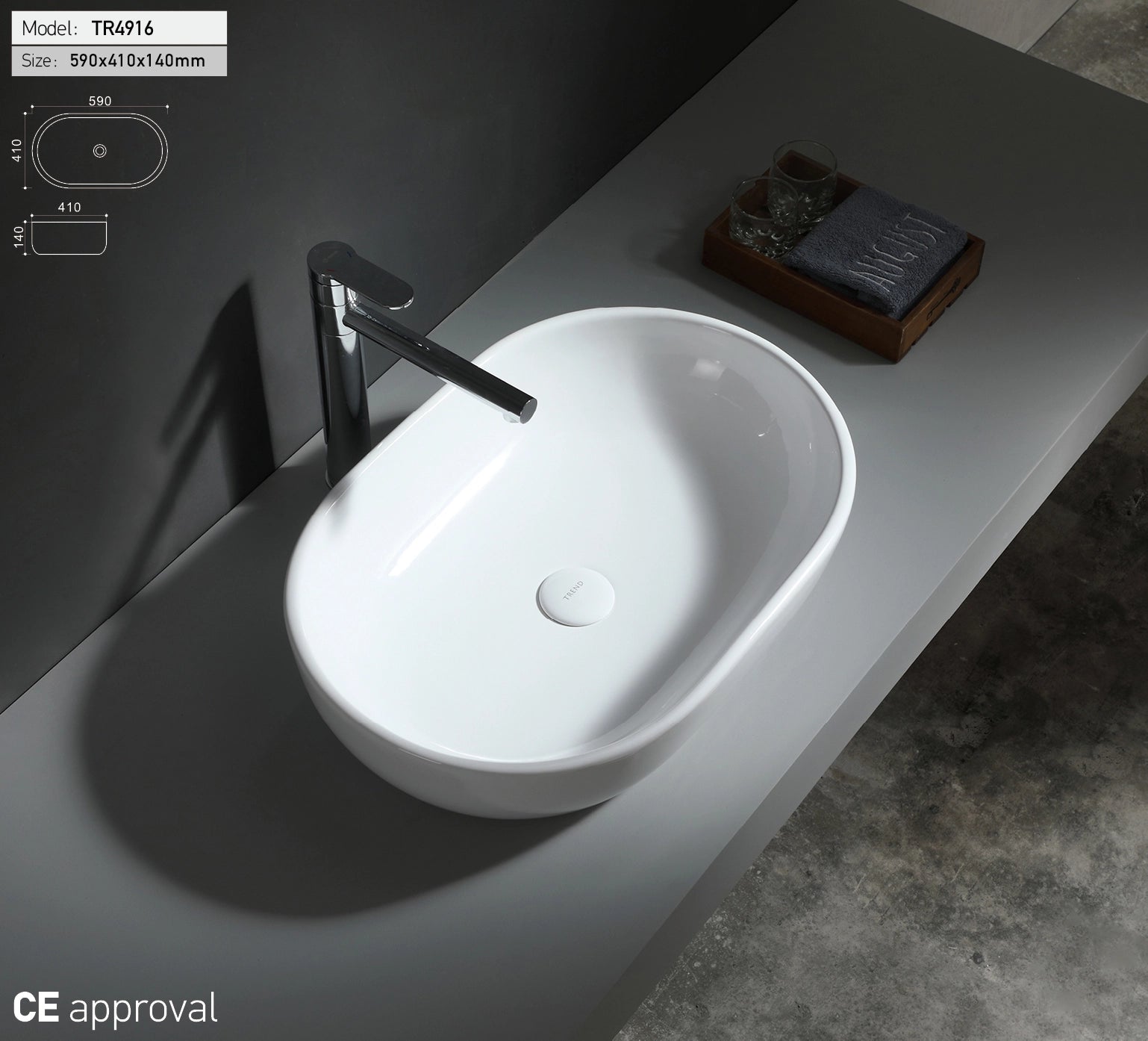 witte ovale waskom met grijze kraan