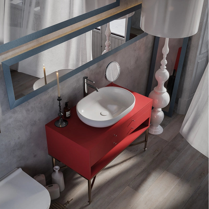 ovale waskom met chrome kraan in badkamer