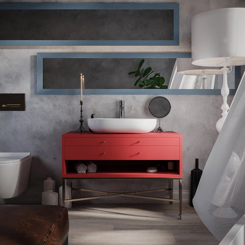 ovale keramische waskom op rood meubel