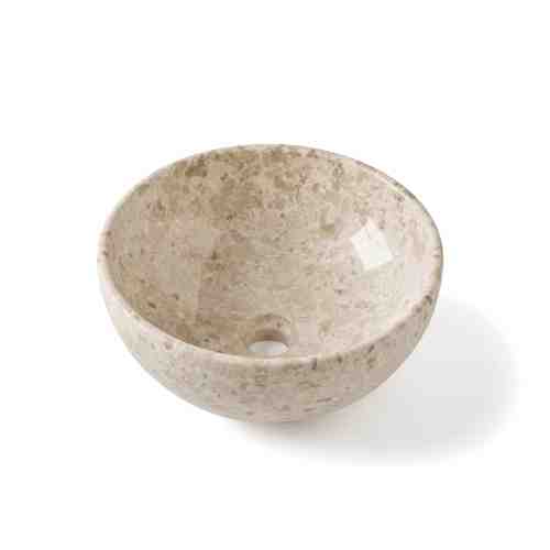 Beige ronde natuurstenen waskom 35x35x15cm met travertinlook vooraanzicht op witte achtergrond