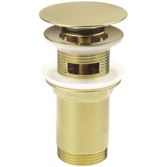 Gouden click-clack afvoerplug voor waskom met messing binnenwerk op witte achtergrond