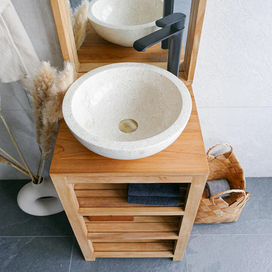 beige ronde waskom met gouden plug