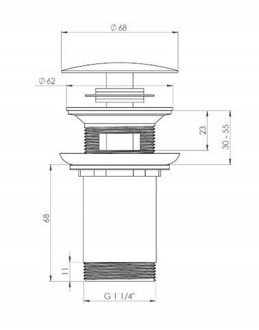 technische tekening van chroom afvoerplug voor waskom