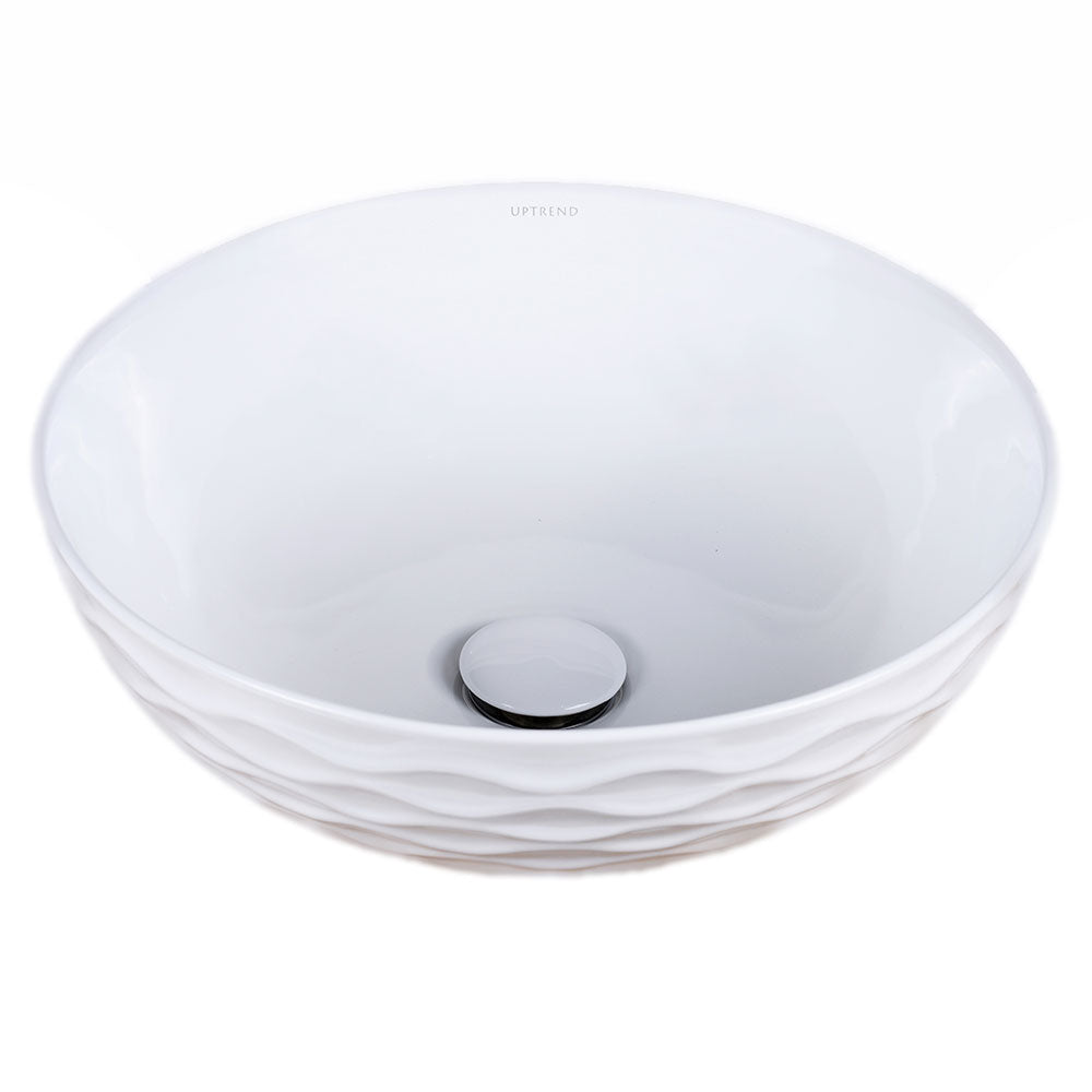 Witte keramische waskom rond 42x42x14 cm met glanzende afwerking en subtiel reliëf, opbouwmodel voor badkamermeubel