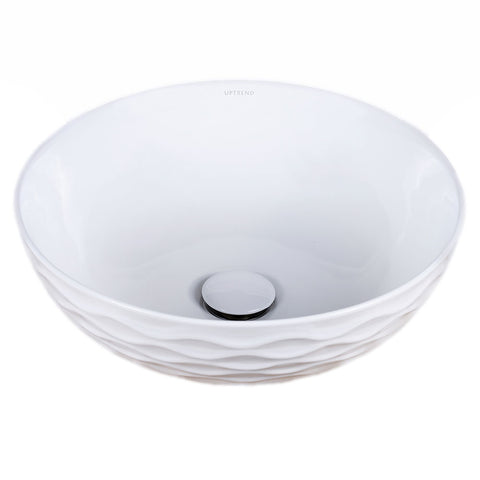 Witte keramische waskom rond 42x42x14 cm met glanzende afwerking en subtiel reliëf, opbouwmodel voor badkamermeubel