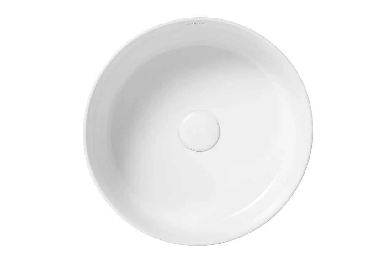 Ronde wit-blauwe keramische waskom 38,5x38,5x15cm als opbouwmodel met centraal afvoergat, ideaal voor moderne badkamers met rustige kleuren