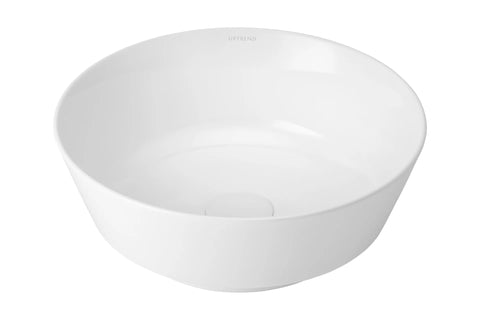 Witte keramische waskom rond 40x40x13,5 cm met glanzende afwerking, opbouwmodel voor badkamermeubel