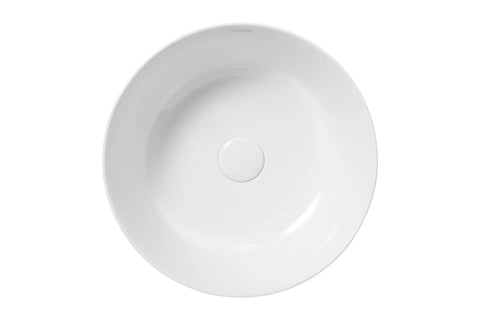 Ronde witte keramische opbouwwaskom 40x40x13,5cm met gladde afwerking, ideaal voor moderne badkamers dankzij het elegante en minimalistische design