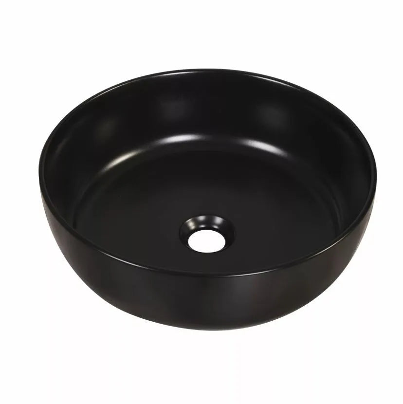 Ronde zwarte keramische opbouwwaskom 38,5x38,5x14cm in packshotweergave met gladde matte afwerking en centraal afvoergat voor moderne badkamers