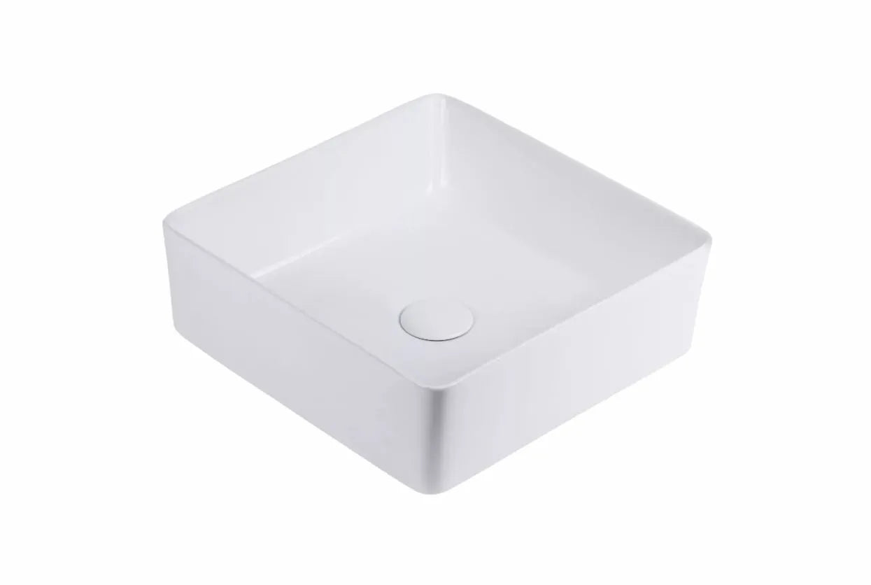 Keramische vierkante waskom in wit met een subtiele glans, ideaal voor een rustige en verfijnde badkamerinrichting