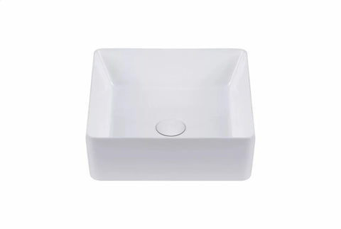 Witte vierkante keramische opbouwwaskom met strakke lijnen en gladde afwerking, ideaal voor moderne badkamers en toiletmeubels