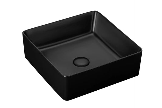 Keramische opbouw waskom vierkant in zwarte kleur, afmeting 39x39x13 cm, geschikt voor badkamermeubel