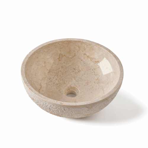 Ronde beige natuurstenen waskom 40x40x15cm met ruwgehakte buitenzijde en glanzend gepolijste binnenkant op witte achtergrond, packshot.