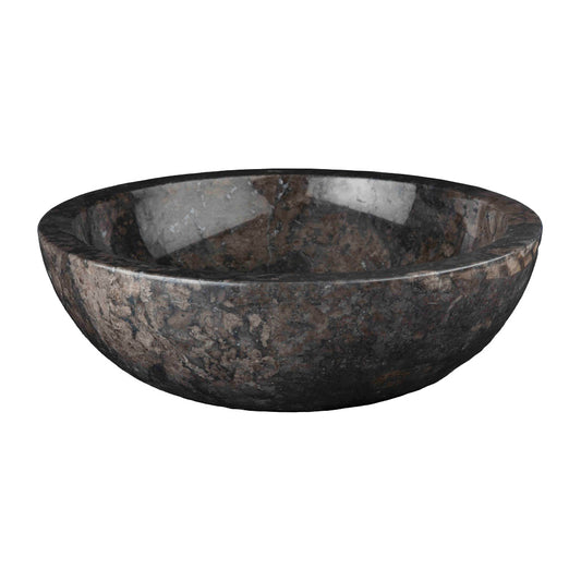 Donkere natuurstenen waskom rond 45x45x15 cm met gepolijste afwerking, opbouwmodel voor badkamermeubel
