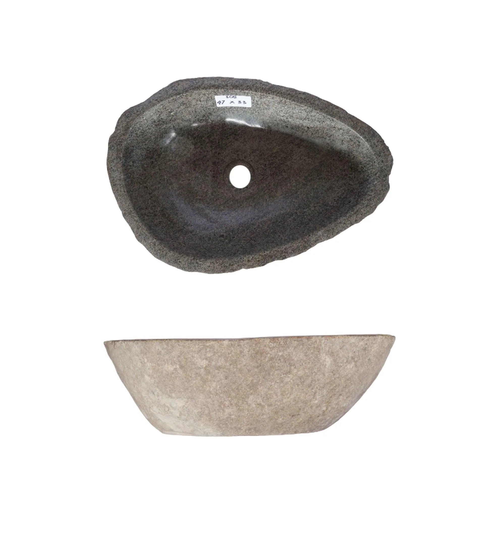 rivierstenen waskom grijs organische vorm op een witte achtergrond 45x30x15cm