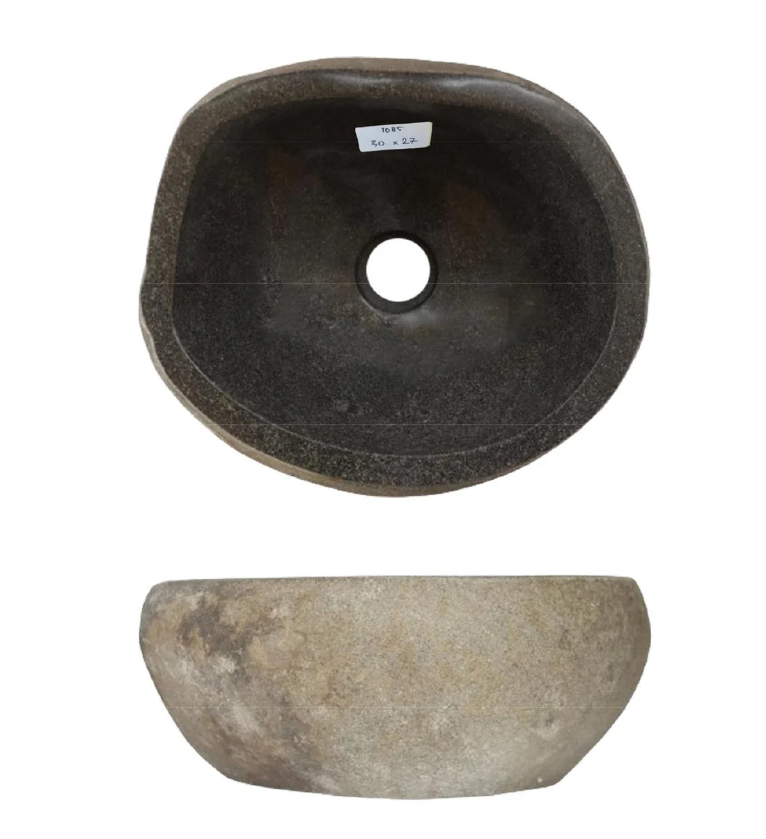 Natuursteen waskom van riviersteen in organische vorm, bruin grijs, weergegeven van boven en vanaf de zijkant