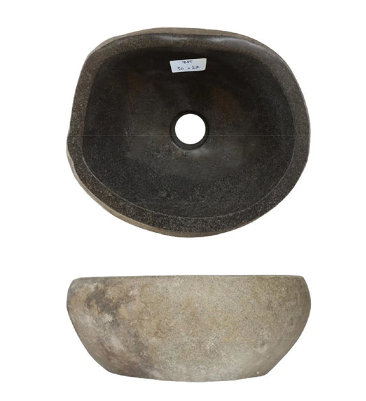 Natuursteen waskom van riviersteen in organische vorm, bruin grijs, weergegeven van boven en vanaf de zijkant