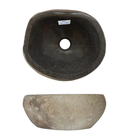 Natuursteen waskom van riviersteen in organische vorm, bruin grijs, weergegeven van boven en vanaf de zijkant