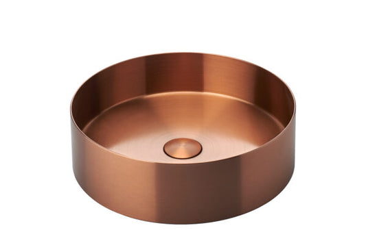 Ronde RVS opbouw waskom koper kleur, afmeting 38x38x11 cm, geschikt voor badkamermeubel